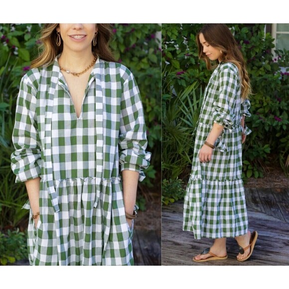 LJC Designs Bellagio Cotton Green Gingham Plaid Peasant Midi NEW Pullover Dress - Picture 3 of 10